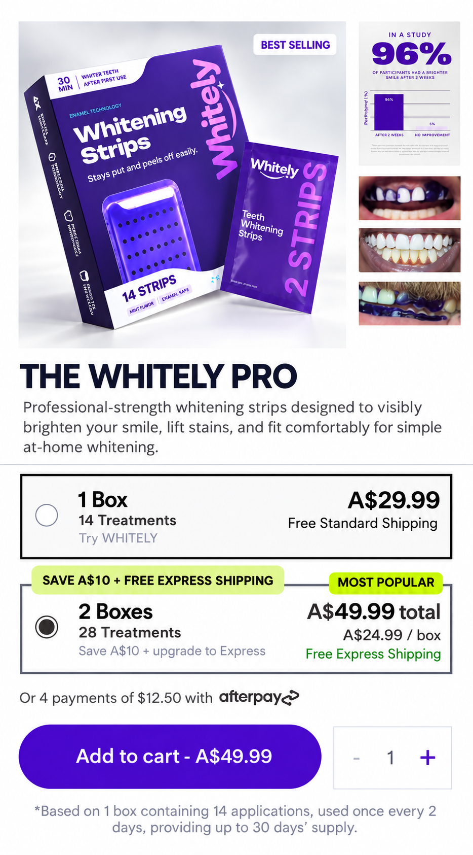 The Whitely Pro whitening strips — 14 treatments per box. Choose 1 box or 2 boxes and add to cart.